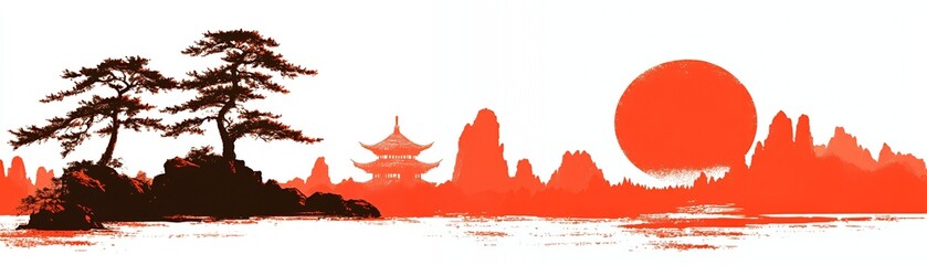 Canvas Print - Silhouettes of pine trees and a pagoda against a red sunset.