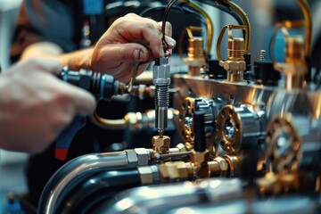 Poster - A close-up of a person operating machinery, with focus on hands and tools