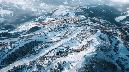 Canvas Print - Aerial View of Snowy Mountain Resort