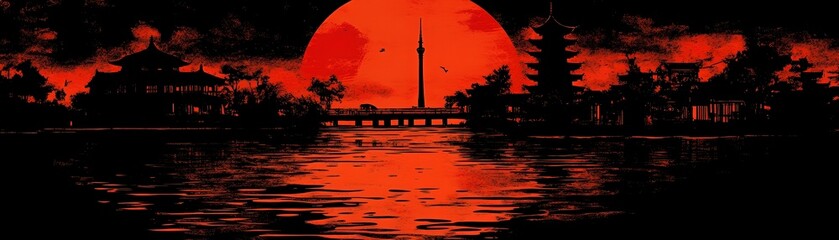 Canvas Print - Silhouetted cityscape with a large red moon.