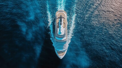 Top view of a modern cruise ship in a calm sea with crystal clear water. Generative AI