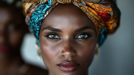 This portrait captures a woman wearing a colorful headwrap, embodying confidence and grace, reflecting cultural richness and individual elegance in a captivating scene.