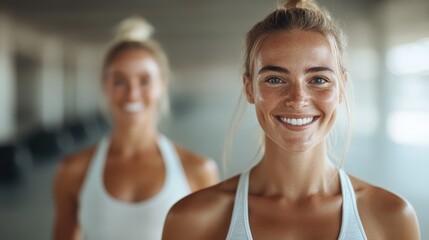 A joyful woman with a beaming smile after exercise, surrounded by friends in a fitness studio, reflecting happiness and camaraderie.