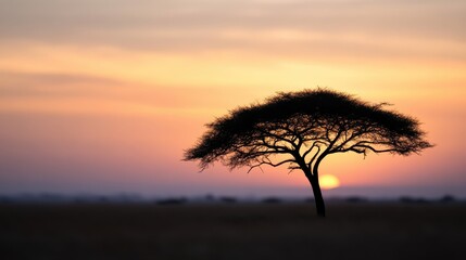 An Acacia tree silhouetted against the sunset horizon in the African plains, capturing the serene beauty and expansive nature of the landscape, perfect for peace and calm seekers.