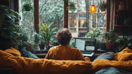 Wall Mural - A Man Working on a Laptop in a Room Full of Plants