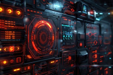 Poster - A futuristic sci-fi room with red and blue lights, ideal for use in science fiction stories, technology-themed designs, or futuristic settings