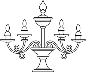 Single line art Candle and Candlestick Chandelier illustration on black and white.