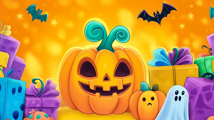 Wall Mural - The colorful Halloween banner features a cheerful pumpkin surrounded by festive gifts and playful ghosts, creating a fun and inviting atmosphere for the seasons celebrations