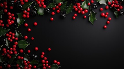 Canvas Print - Festive Christmas Background with Holly Leaves and Red Berries on Black Surface, Perfect for Holiday Designs