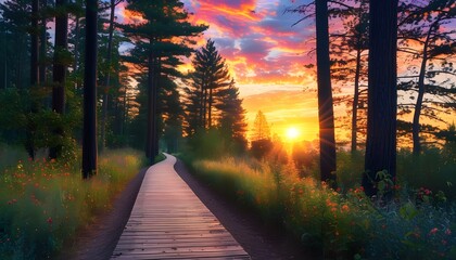 Wall Mural - Tranquil wooden path winding through towering trees beneath a vibrant sunset sky bathed in rays of light