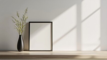 Minimalist interior with a vase and a blank picture frame