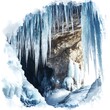 © IMAGE INNOVATORS - Cartoon-style icy cave with waterfall flowing in snowy mountain landscape.