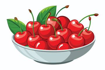 Wall Mural - Bowl of fresh Red cherries, Vector illustration on white background.