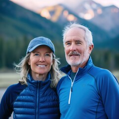 An older woman and man enjoy outdoor exercise, smiling and looking off into the distance