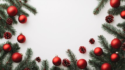 Wall Mural - Festive Christmas border with evergreen branches, shiny red ornaments, and pinecones on white background, perfect for holiday card designs.