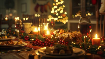 Wall Mural - Festive Christmas dinner table adorned with glowing candles, sparkling lights, and a sumptuous feast. Warm ambiance of holiday cheer fills the room.