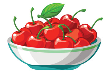 Wall Mural - Bowl of fresh Red cherries, Vector illustration on white background.