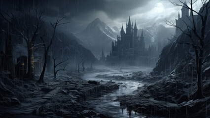 Background for a scary fairy tale background, a dark gothic castle in a dark dead valley, some kind of gray place in a gloomy area of a mountainous region.	