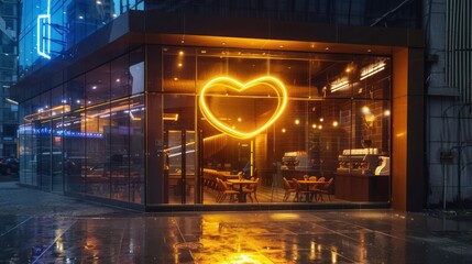 Canvas Print - Heart-shaped neon sign on a cafe window