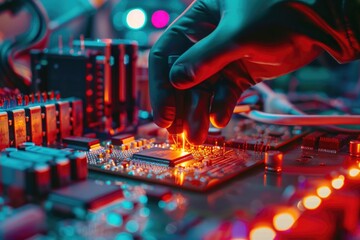 Poster - A person's hand is seen touching a circuit board, possibly during repair or maintenance