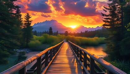 Wall Mural - Tranquil wooden bridge enveloped by greenery, guiding the viewer toward a stunning sunset framed by dramatic clouds and distant mountain peaks