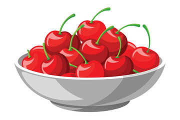 Wall Mural - Bowl of fresh Red cherries, Vector illustration on white background.