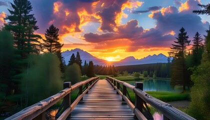 Wall Mural - Tranquil wooden bridge enveloped by greenery, guiding the viewer toward a stunning sunset framed by dramatic clouds and distant mountain peaks