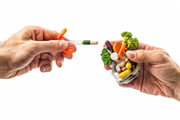 Two hands holding a medication pill and a container of food, representing self-care or health routine