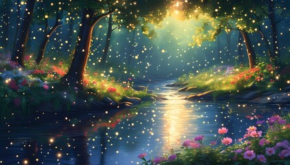 Wall Mural - Mystical forest illuminated by gentle lights, twinkling stars above a serene river bordered by vibrant flowers and lush greenery