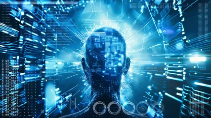 Poster - A futuristic composition with human and digital components. Artificial intelligence concept.