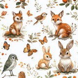 Fototapeta Dziecięca - Watercolor Woodland animals seamless pattern. Fabric wallpaper forest with baby deer. Owl, fox and butterfly, Bunny rabbit set of forest, bear and bird baby animal, Generative AI