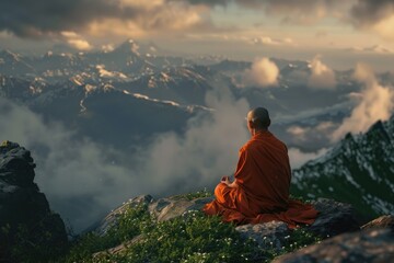 A monk sitting on top of a mountain, meditating in nature