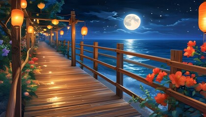 Wall Mural - Enchanting waterfront retreat with a wooden walkway, glowing lanterns, and colorful flowers under a luminous full moon