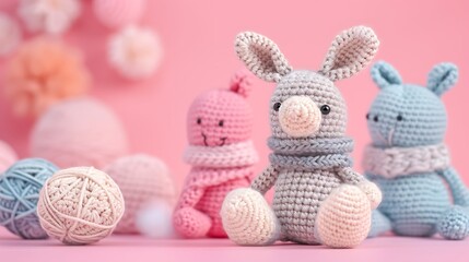 Amigurumi soft toys on a pink background with soft toy day holiday card symbol of the new year