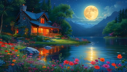 Wall Mural - Serene lakeside cottage illuminated by a full moon, embraced by vibrant flowers and lush greenery, creating a peaceful nighttime ambiance