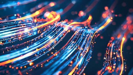 Poster - Abstract digital data stream with glowing lines on dark blue background