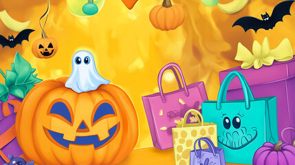 Wall Mural - This colorful Halloween banner showcases playful pumpkins, cheerful ghosts, and festive bags, creating an engaging atmosphere perfect for seasonal promotions and events