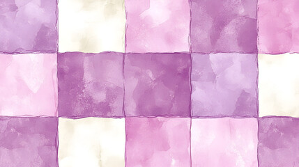 Colorful watercolor patchwork pattern in shades of purple and cream designed for fabric or wallpaper use