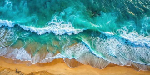 Aerial view of turquoise sea waves crashing on sandy coast , ocean, beach, waves, water, coast, aerial view, sea, turquoise