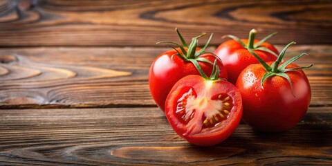 Fresh juicy tomatoes cut in half on wooden table, tomatoes, fresh, juicy, cut in half, wooden table, food, vibrant, organic