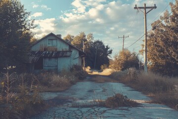 Abandoned rural road with cracks and weeds