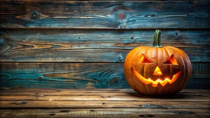 Wall Mural - Scary Halloween pumpkin on weathered wooden planks, Halloween, pumpkin, spooky, creepy, decoration, autumn, orange