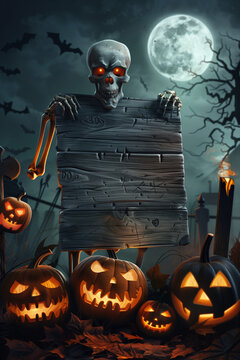 Halloween party border, background. skeleton holds wooden board with copy space. night time, big moon and schary graveyard and castle in back. High quality photo