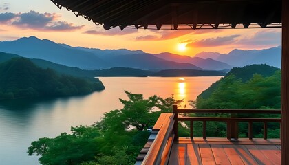 Wall Mural - Tranquil sunset from a wooden balcony with lush mountains and a serene lake view