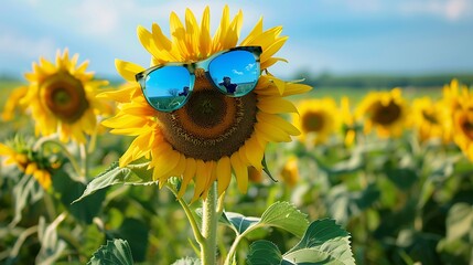 Blooming sunflower with sunglasses in the field