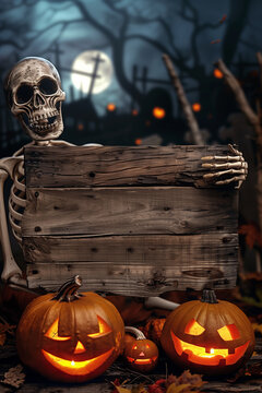 Halloween party border, background. skeleton holds wooden board with copy space. night time, big moon and schary graveyard and castle in back. High quality photo