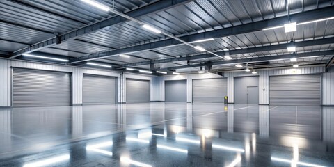 Wall Mural - Interior of an empty garage with metallic floor and lighting , garage, interior, empty, metallic, surface, floor, lighting