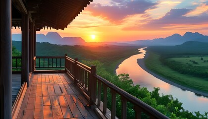 Wall Mural - Tranquil sunset from a wooden balcony showcasing a river meandering through mountains and vibrant greenery