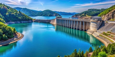 A stunning blue lake set against a dam with a hydroelectric power station in the background, blue lake