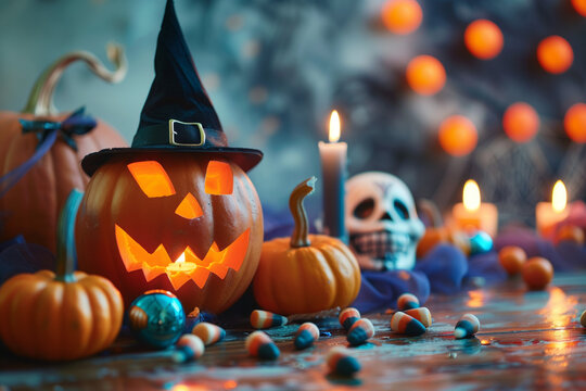 halloween background. Candle lit carwed pumpkin with with hat and oder decor. Children trick or treat theme. High quality photo